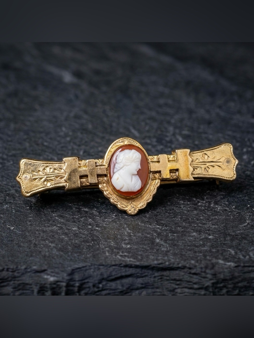 Antique Victorian 1880s 10k Rose Gold Filled Carnelian Cameo Bar Brooch